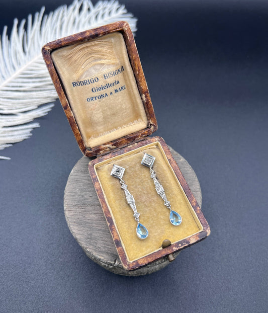Art Deco 18 Carat Gold, Platinum, Aquamarine and Diamond Drop Earrings, Circa 1920