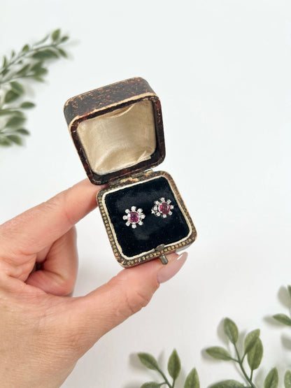 Preloved 18ct White Gold, Ruby & Diamond Cluster Stud Earrings