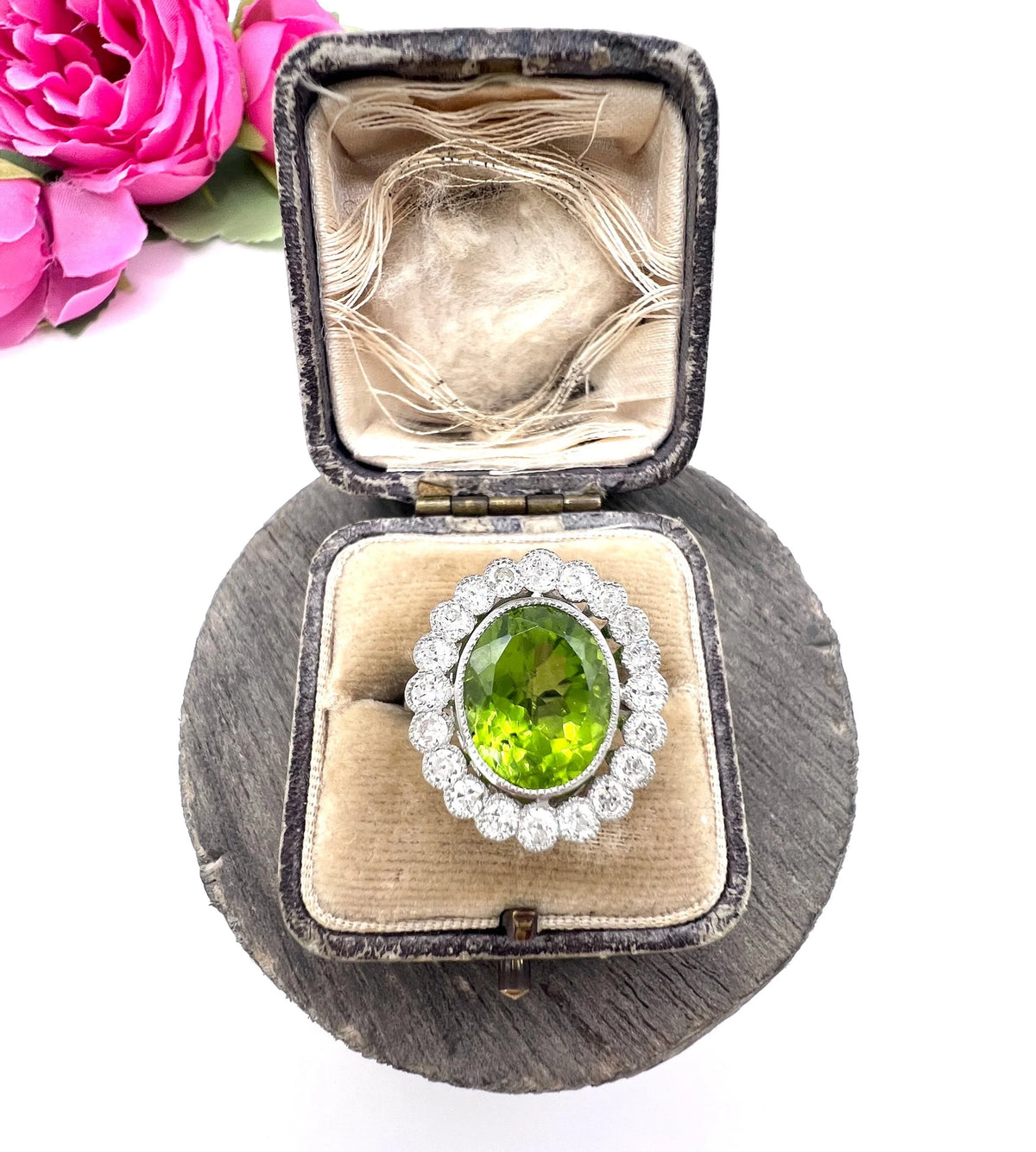 Antique French Platinum Peridot and Diamond Halo Cluster Ring, Circa 1910