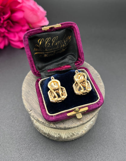 Vintage 14 ct Gold, Italian 1940's Art Deco Design, Diamond And Onyx Earrings