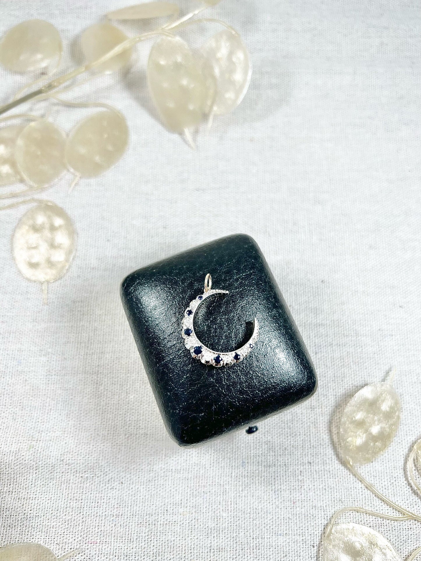 Victorian 9 Carat Gold, Silver, Sapphire and Diamond Crescent Moon Pendant