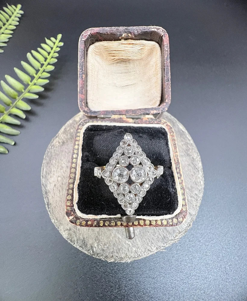 Antique Diamond Marquise Shaped Ring In 18 Carat Yellow Gold And Platinum