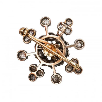 Victorian Antique Natural Pearl and Diamond Snowflake Cluster Pendant Brooch