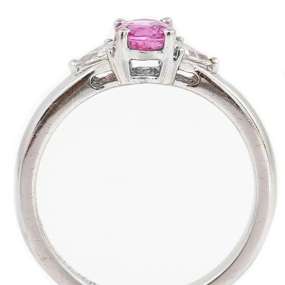 0.84ct Pink Sapphire and Trilliant Diamond Three Stone Ring in 18ct White Gold