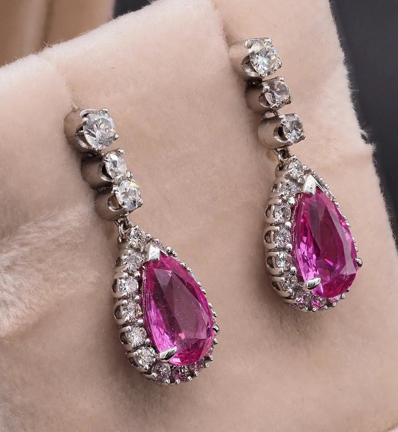 Art Deco French 4.5ct Pink Sapphire and Diamond Cluster Drop Earrings
