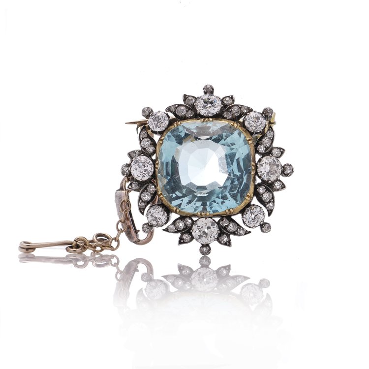 Antique 7.17ct Cushion Cut Aquamarine and Diamond Cluster Pendant come Brooch, 2.56 carats old European cut diamonds