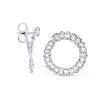Rose Cut Diamond Hoop Earrings, 3.08 carats of round rose cut diamonds surrounded by 354 round brilliant-cut diamonds in a seemingly eternal spiral, in 18ct white gold