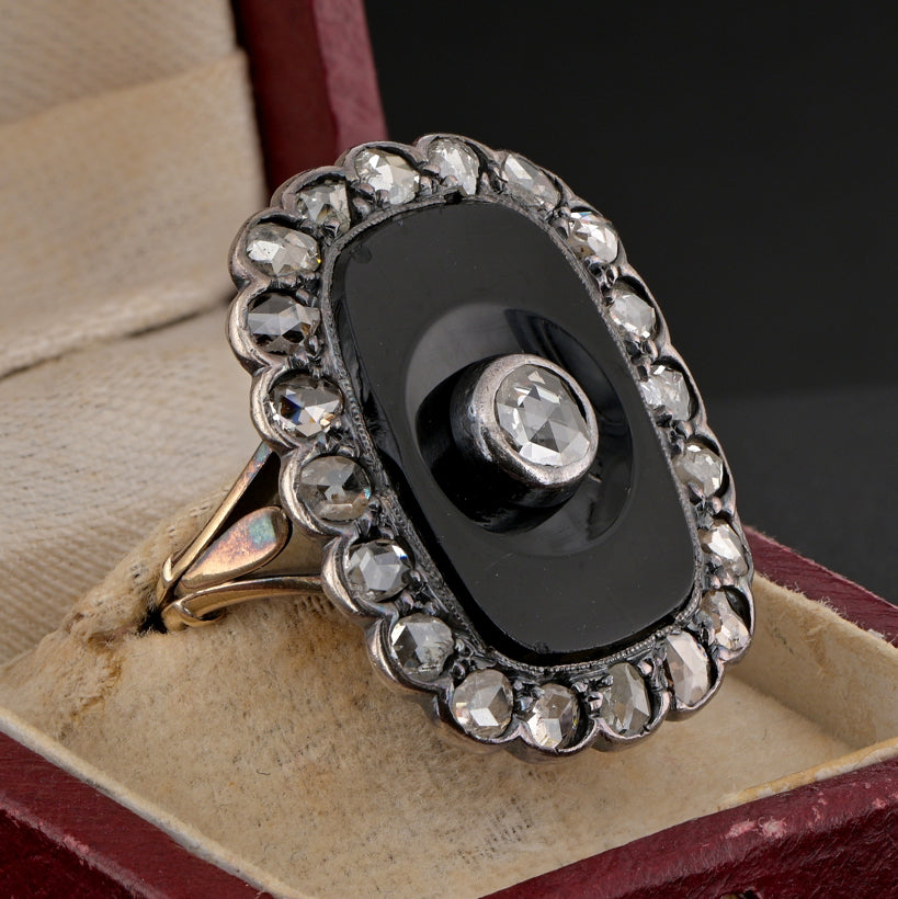 Victorian Antique Rose Cut Diamond and Black Onyx Panel Plaque Ring, 2.10 carat total