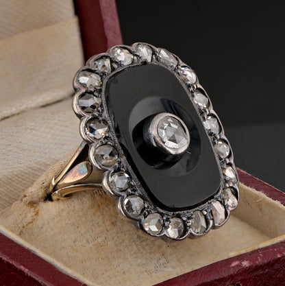 Victorian Antique Rose Cut Diamond and Black Onyx Panel Plaque Ring, 2.10 carat total
