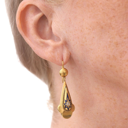 Victorian Antique Yellow Gold Diamond Blue Enamel Drop Earrings