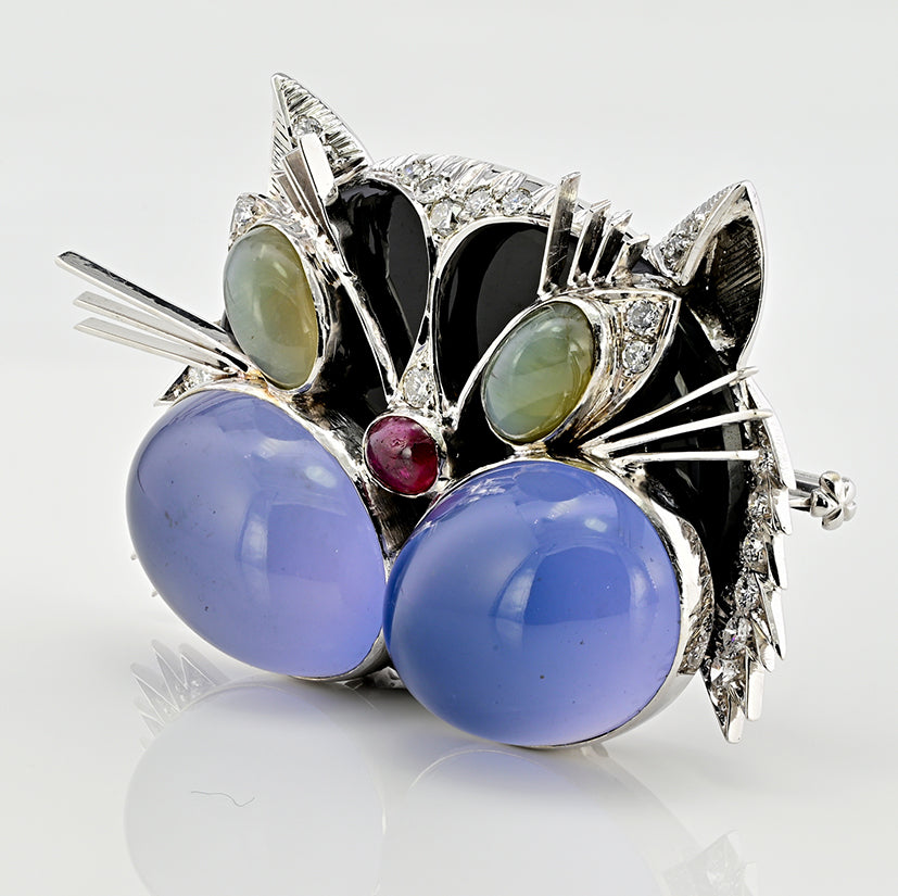 Vintage 1970s Italian Multi Gemstone Cat Brooch with Blue Moonstone Chrysoberyl Ruby and Diamond in 18ct White Gold