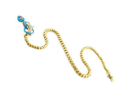 Antique Victorian Blue Enamel and Old Cut Diamond Snake Necklace; with blue enamel and diamond heart mourning pendant locket, 1.86 carat total, 18ct yellow gold, Circa 1860s.
