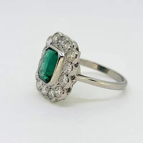 2.50ct Emerald and Diamond Floral Cluster Ring in Platinum