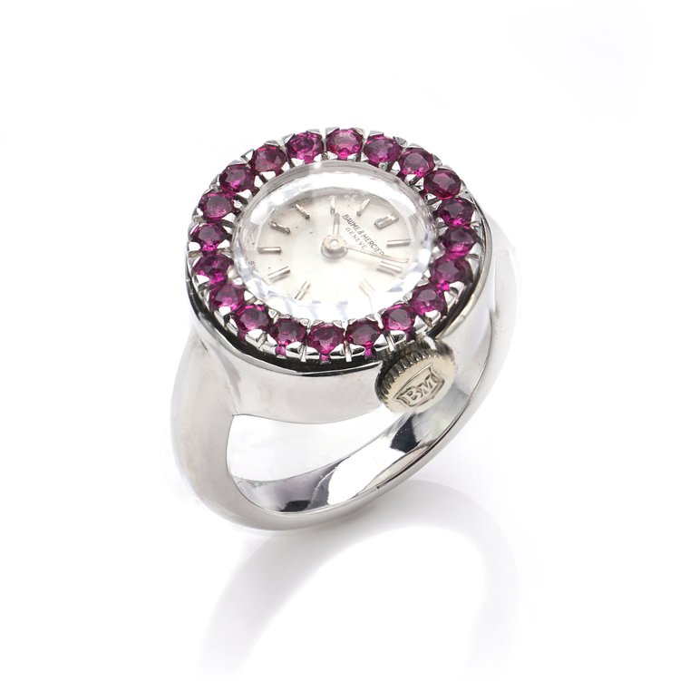Vintage ladies Baume and Mercier Platinum Watch Ring with Rubies