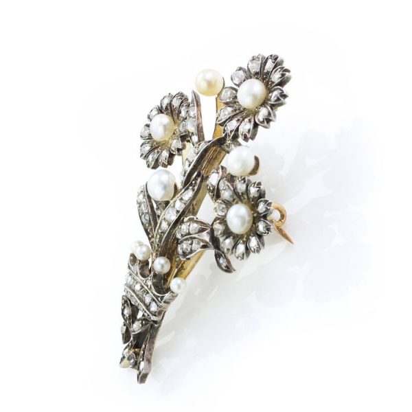 Antique Pearl and Rose Cut Diamond Flower Spray Brooch, 2 carats