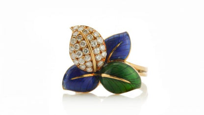 Faraone Blue and Green Enamel and Diamond set Stylised Leaf Ring and Earring Suite, 2.52 carats, in 18ct Yellow Gold, with original box