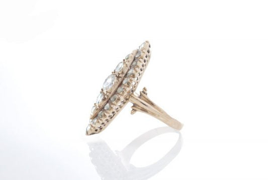 Antique Georgian 2.46ct Rose Cut Diamond Navette Ring; marquise shaped cluster ring set with foil-backed rose-cut diamonds, tests as 15ct gold, Circa 1790