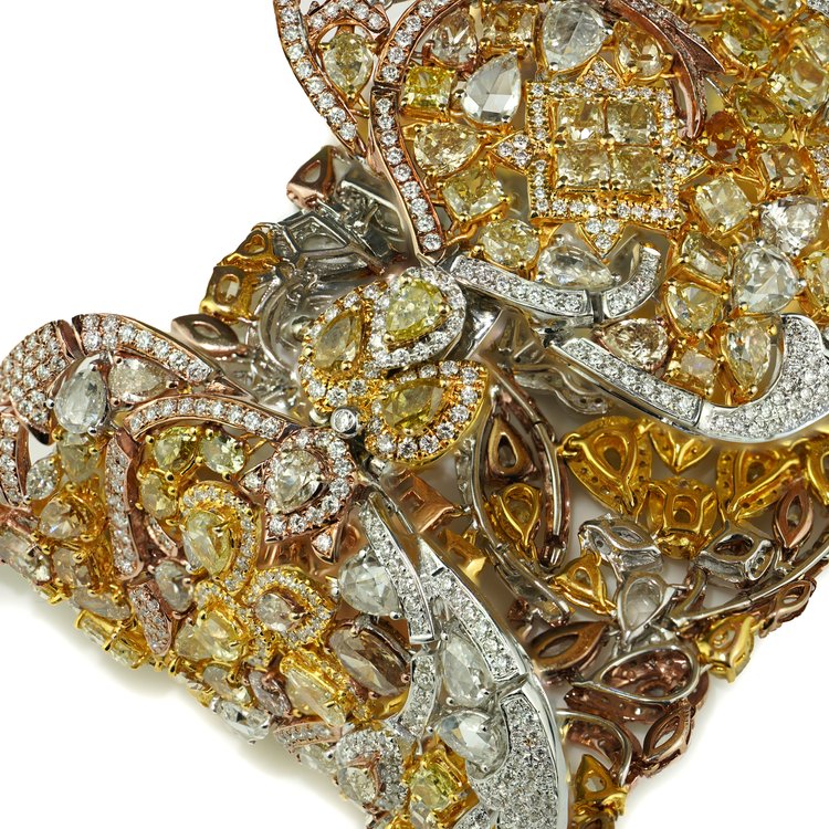 Fine Fancy Yellow Diamond Cuff Bracelet in Tri Colour Gold, 57.80 carats