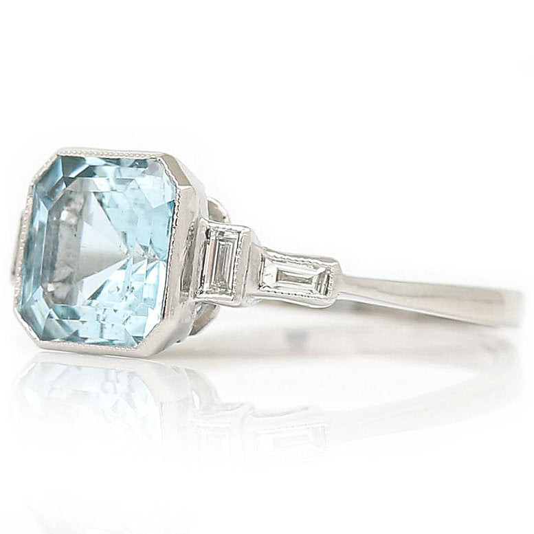 2.17ct Octagonal Aquamarine and Baguette Diamond Dress Ring