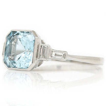 2.17ct Octagonal Aquamarine and Baguette Diamond Dress Ring
