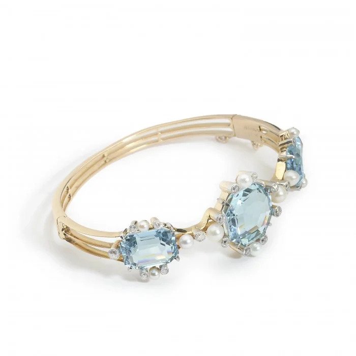 Antique Edwardian Aquamarine Pearl and Diamond Bangle