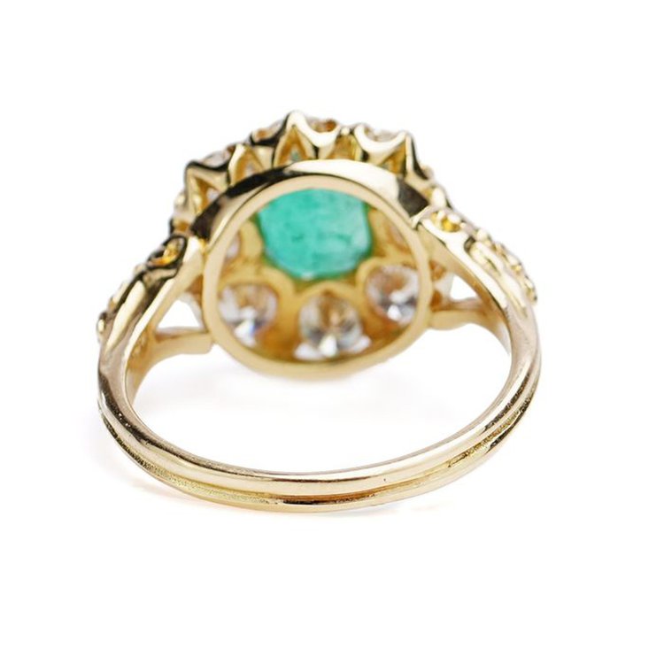 Antique 0.85ct Oval Emerald and Old Cut Diamond Cluster Ring 18ct Yellow Gold