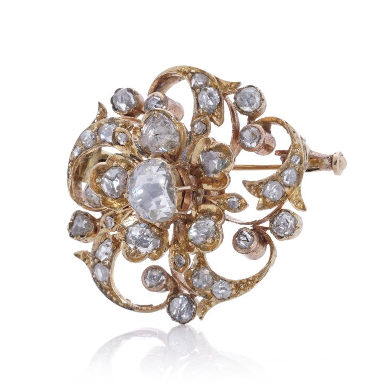 Victorian Antique 3ct Rose Cut Diamond En Tremblant Flower Brooch. Mid 19th century Circa 1850s