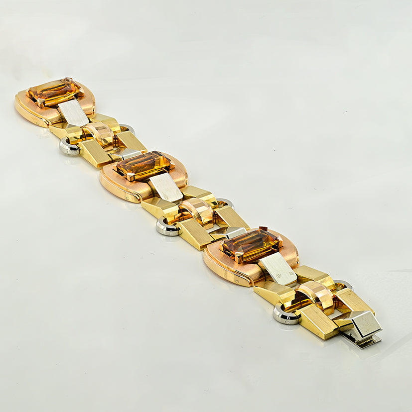 Late Art Deco Italian 23.70ct Citrine and Tri Gold Tank Bracelet by Illario, Circa 1930