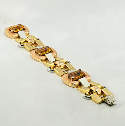 Late Art Deco Italian 23.70ct Citrine and Tri Gold Tank Bracelet by Illario, Circa 1930