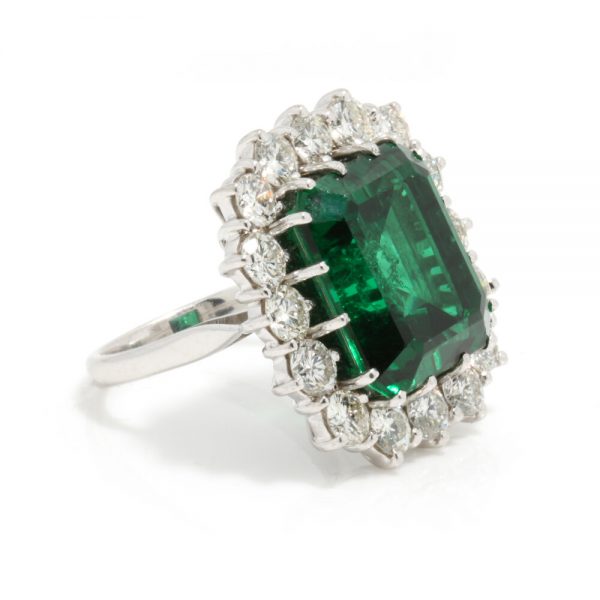 9ct Emerald Cut Natural Green Tourmaline and Diamond Cluster Ring