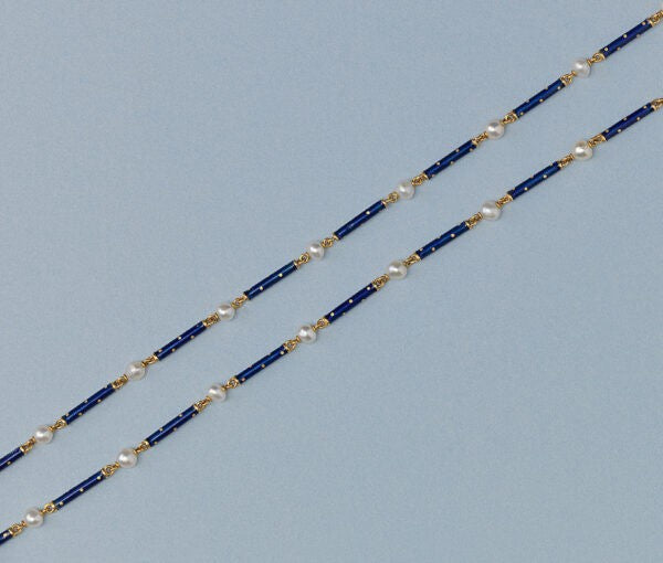 Antique Victorian Natural Pearl and Blue Enamel Long Chain Necklace; alternating natural pearls and royal blue enamel on 18ct yellow gold sticks. France, circa 1890.