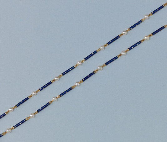 Antique Victorian Natural Pearl and Blue Enamel Long Chain Necklace; alternating natural pearls and royal blue enamel on 18ct yellow gold sticks. France, circa 1890.