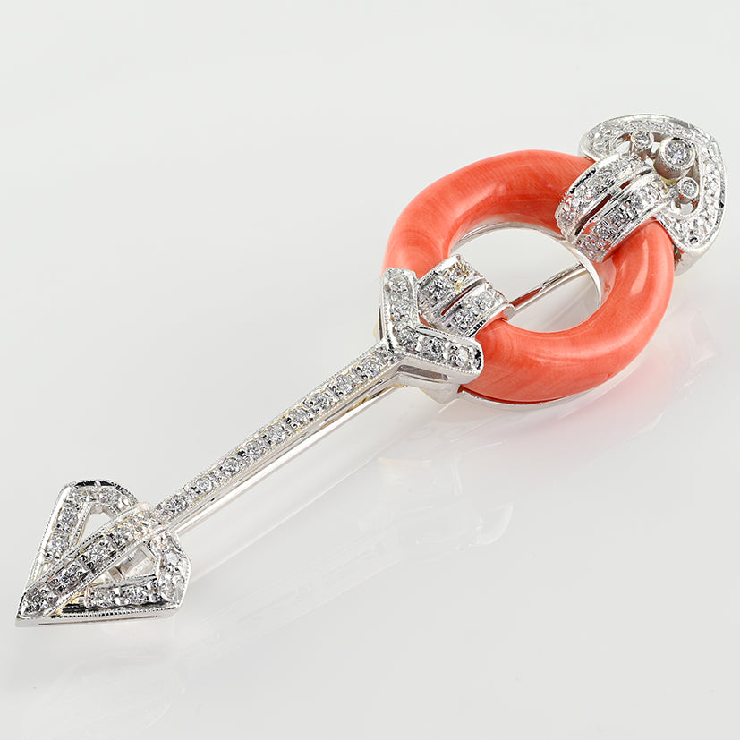 Vintage 1940s Coral and Diamond Arrow Brooch