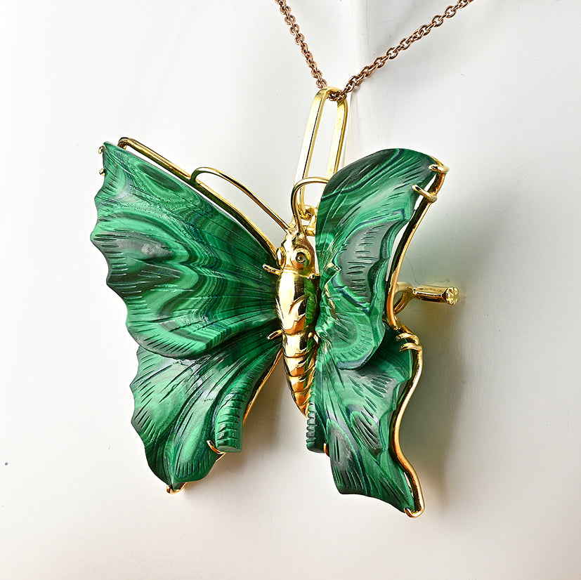 Vintage Carved Malachite Butterfly Pendant Brooch 18ct Yellow Gold