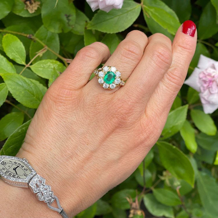 Antique 0.85ct Oval Emerald and Old Cut Diamond Cluster Ring 18ct Yellow Gold