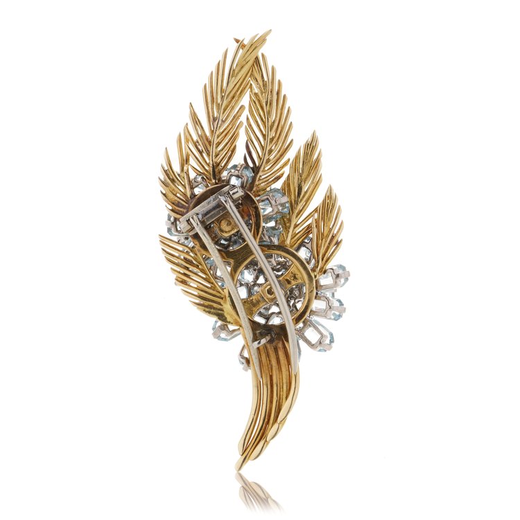 Vintage 10cts Aquamarine Diamond Gold Feather Spray Brooch, Circa 1970s