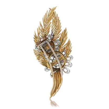 Vintage 10cts Aquamarine Diamond Gold Feather Spray Brooch, Circa 1970s