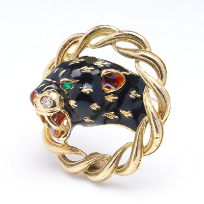 Frascarolo 18ct Yellow Gold and Enamel Panther Brooch with Diamond and Emerald