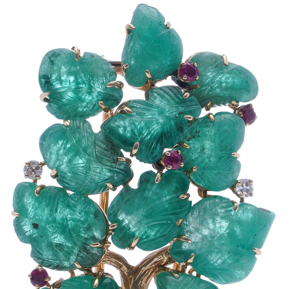Vintage 1940s Lacloche Freres Carved Emerald Brooch by Jean Thierry Bondt with Ruby and Diamond