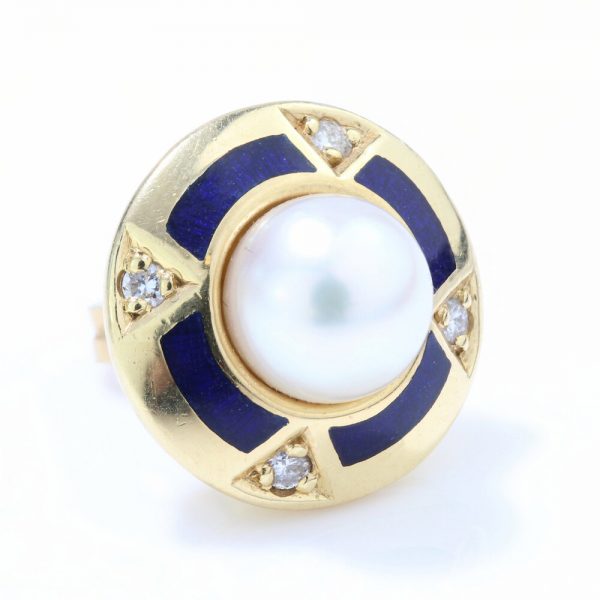 Faberge Limited Edition Pearl, Blue Enamel and Diamond Stud Earrings in 18ct yellow gold, Limited Edition Number 30/300. Circa 1990s / early 2000s