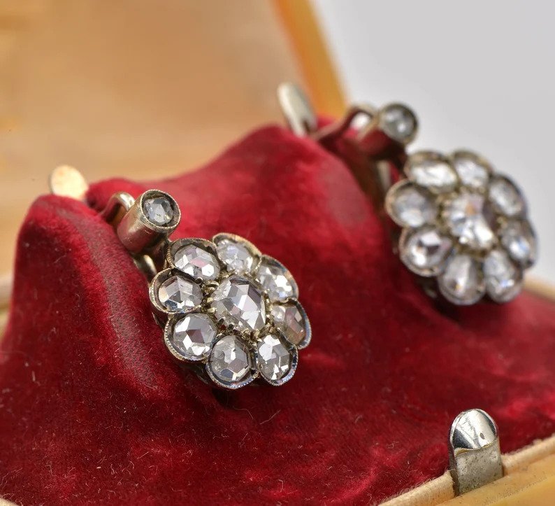 Antique Victorian 3.8ct Rose Cut Diamond Cluster Drop Earrings