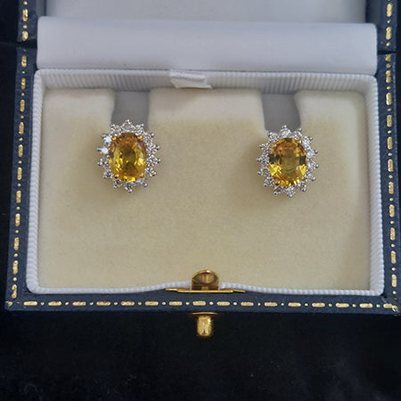 4.20ct Oval Yellow Sapphire and Diamond Cluster Stud Earrings