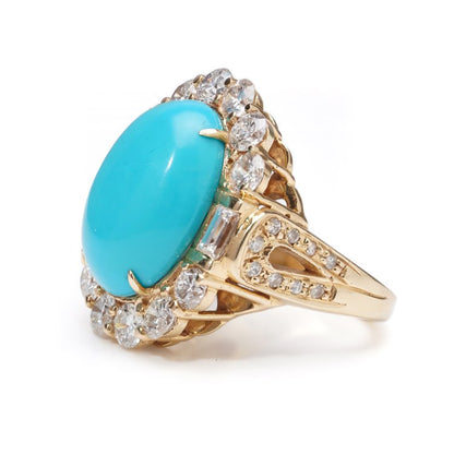 Large Cabochon Turquoise and Diamond Cluster Ring 3.36 carats