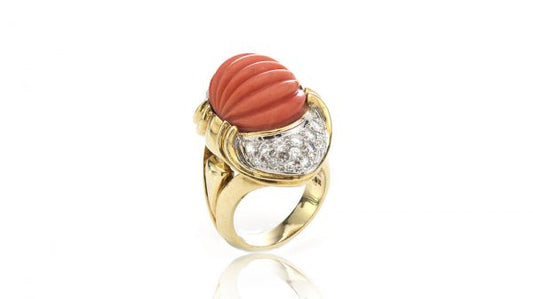Vintage Carved Coral, Diamond and 18ct Gold Domed Cocktail Ring