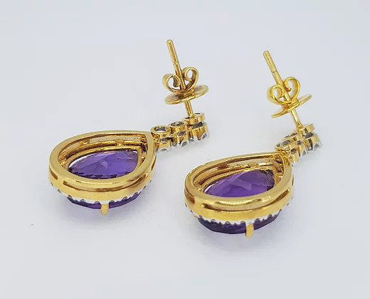 Pear Shaped Amethyst and Diamond Drop Earrings in 18ct Yellow Gold
