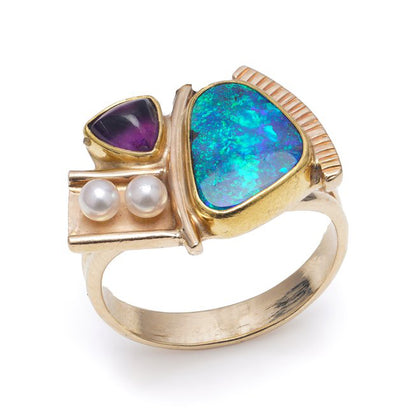 Vintage Black Opal Amethyst and Pearl Dress Ring in 18ct Yellow Gold