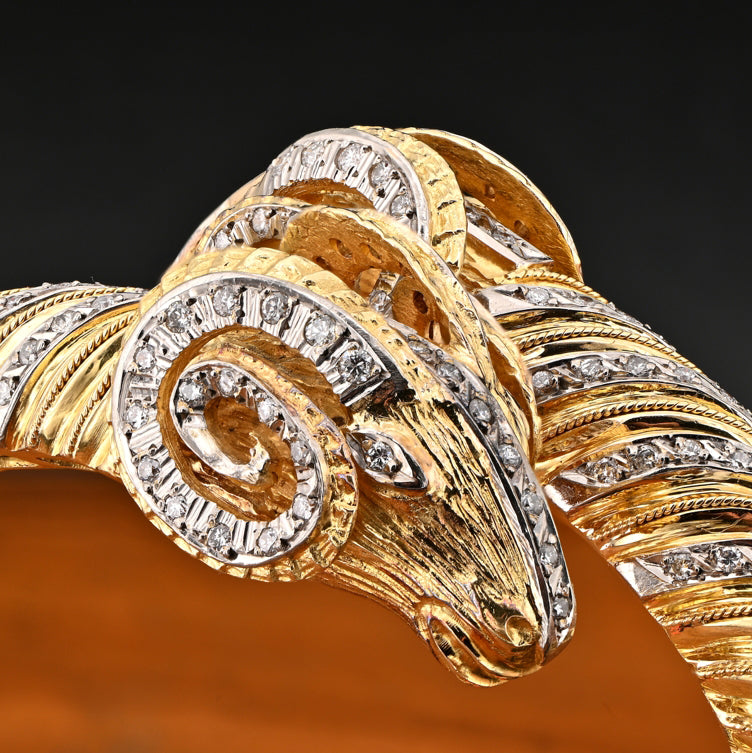Vintage Italian Diamond and Gold Double Rams Head Bangle Bracelet