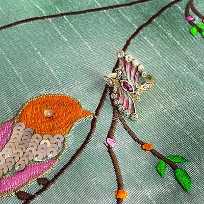 Art Nouveau Pink Plique a Jour Enamel Ruby and Diamond Ring