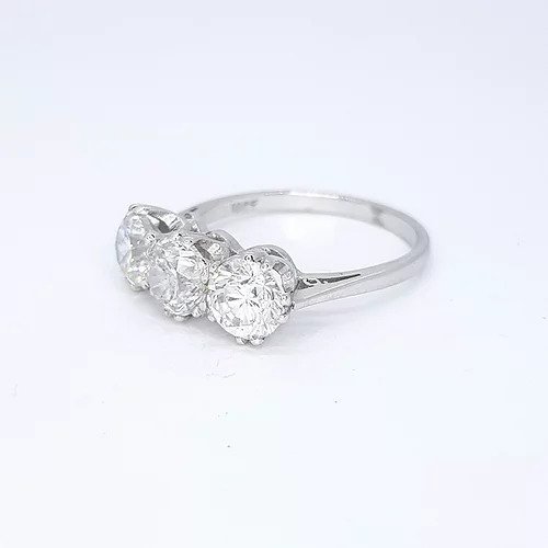 3.06ct Diamond Three Stone Ring; impressive diamond trilogy ring featuring three circular diamonds, 3.06 carat total, in 18ct white gold