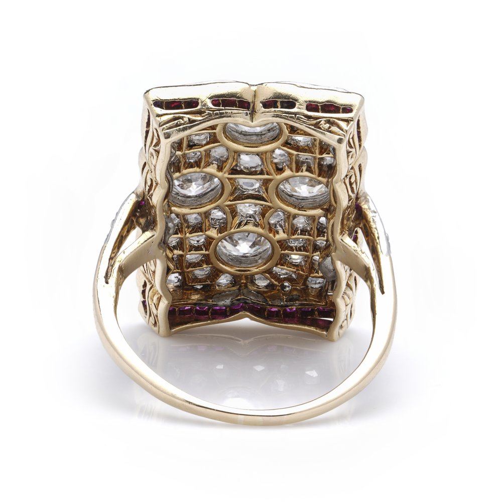 Art Deco Old European and Rose Cut Diamond and Ruby Cluster Dress Ring in Silver upon 18ct Yellow Gold